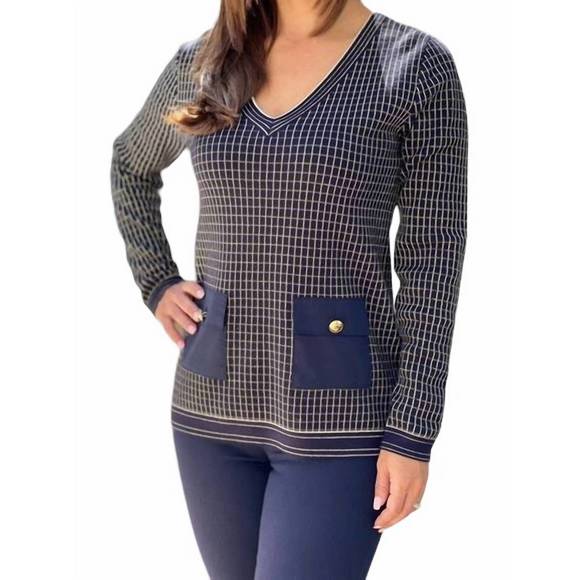 LEO UGO | Tops | New Leo Ugo V Neck Box Print Faux Top In Navy Gold ...